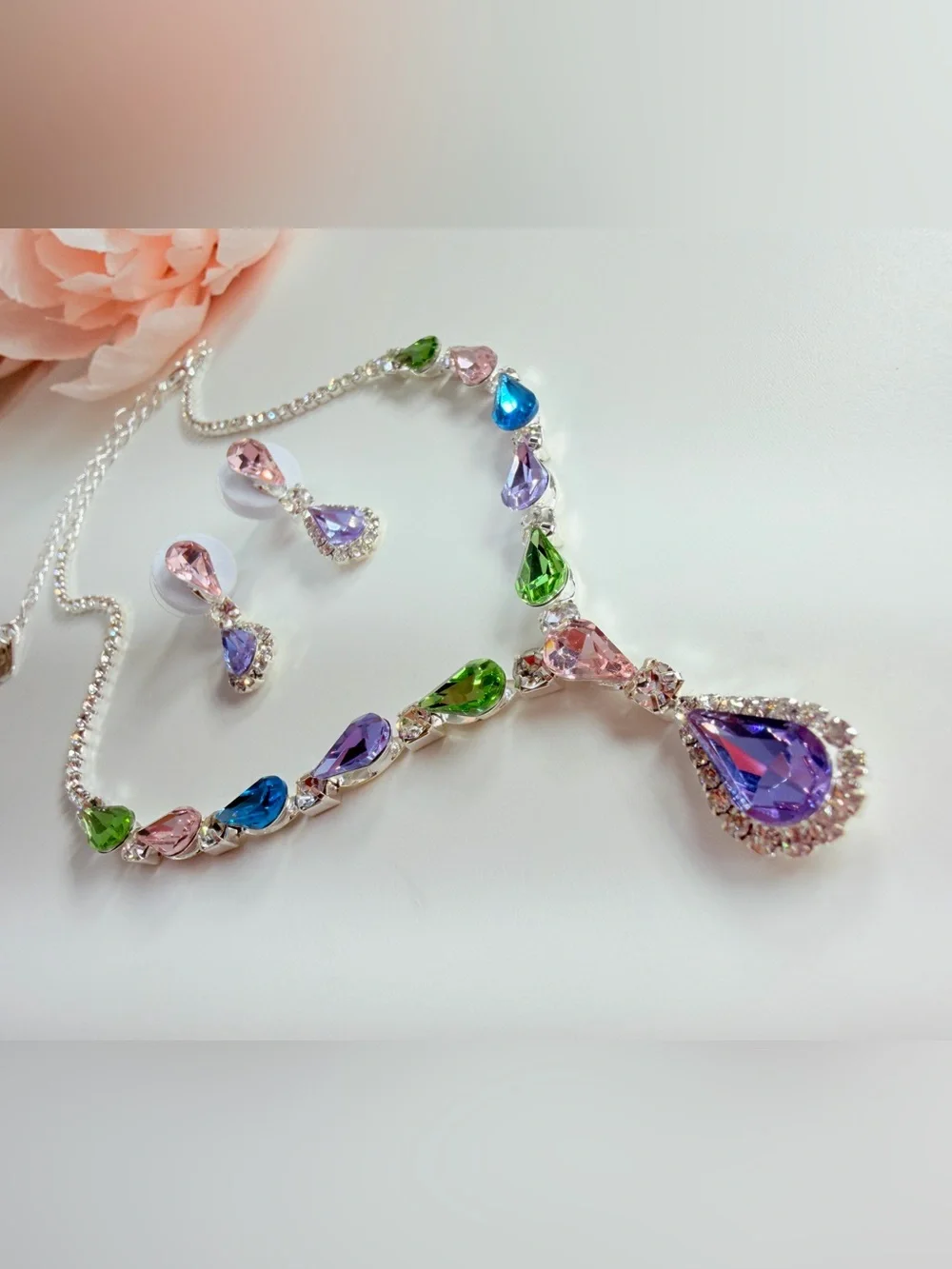 Multicolor Teardrop Crystal Necklace & Earring Set - Women Jewelry